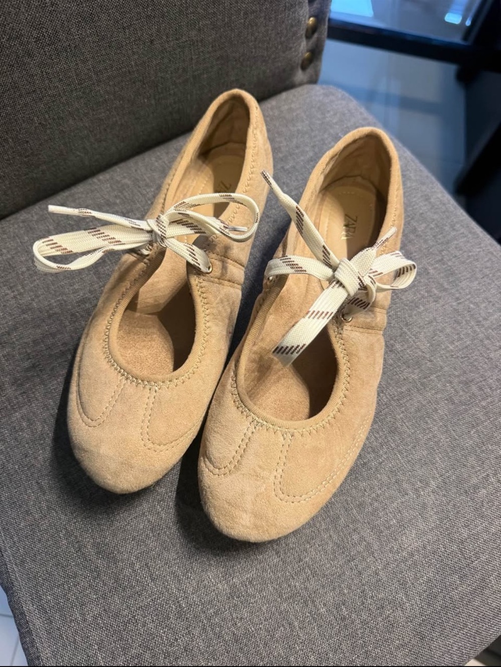 Zara Tan Suede Ribbon-Tie Ballet Flats